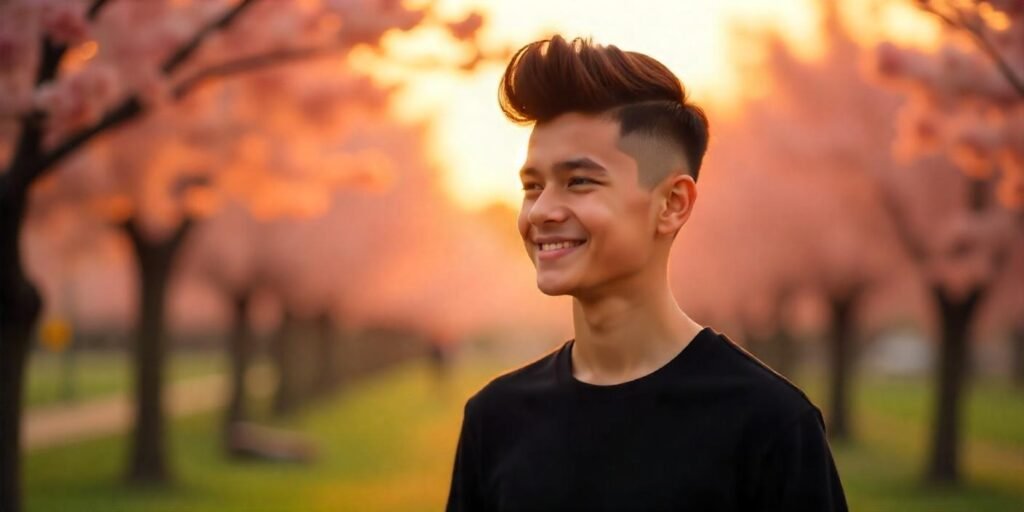 Teenage boy with a flat top haircut and dark brown hair standing in a romantic park wearing black T-shirt and jeans