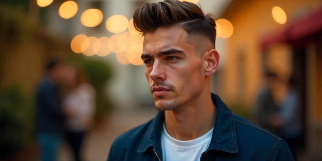 "Realistic image of a man with a customizable flat top haircut, styled with sharp edges and a romantic background."