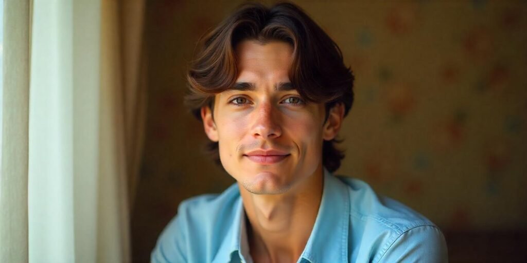 Young man with oval face sporting face-framing curtain bangs and long layered haircut in romantic setting