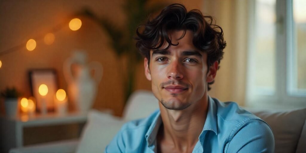 Young man with oval face and romantic curly haircut with middle part wearing light blue shirt in warm romantic background