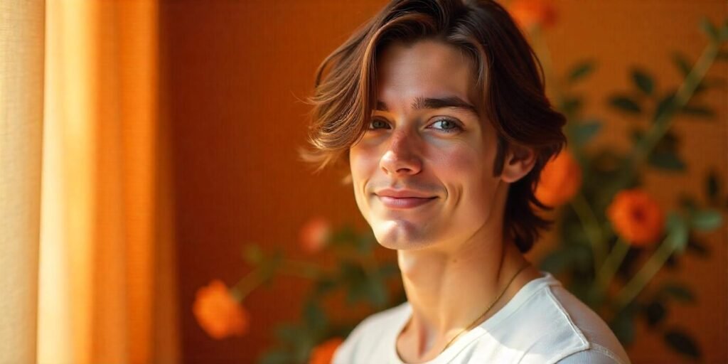 Realistic photo of a young man with a simple sleek shag haircut and side-swept fringe on an oval face in a romantic setting.