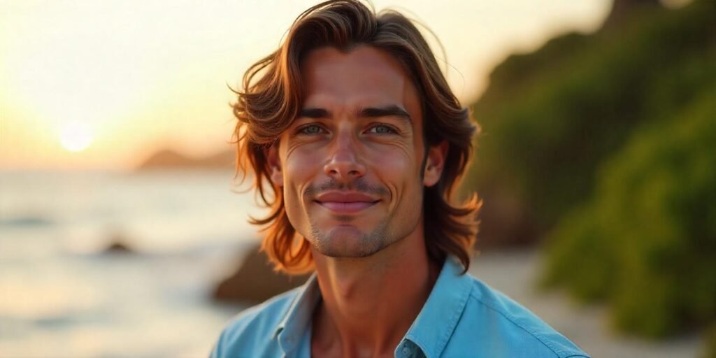 Young man with long beachy waves hairstyle and soft layers in a romantic outdoor setting