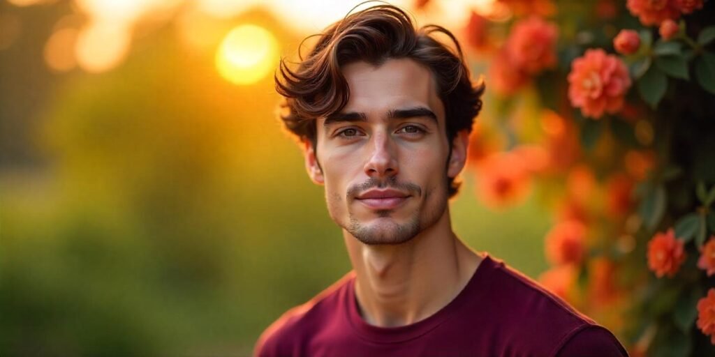 Realistic photo of a boy with oval face, cute layered cut with soft curls and side-swept style, romantic background
