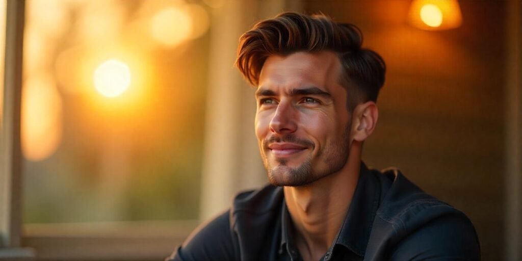 "Young man with swept-over hairstyle, dark hair, casual outfit, and a romantic background"







