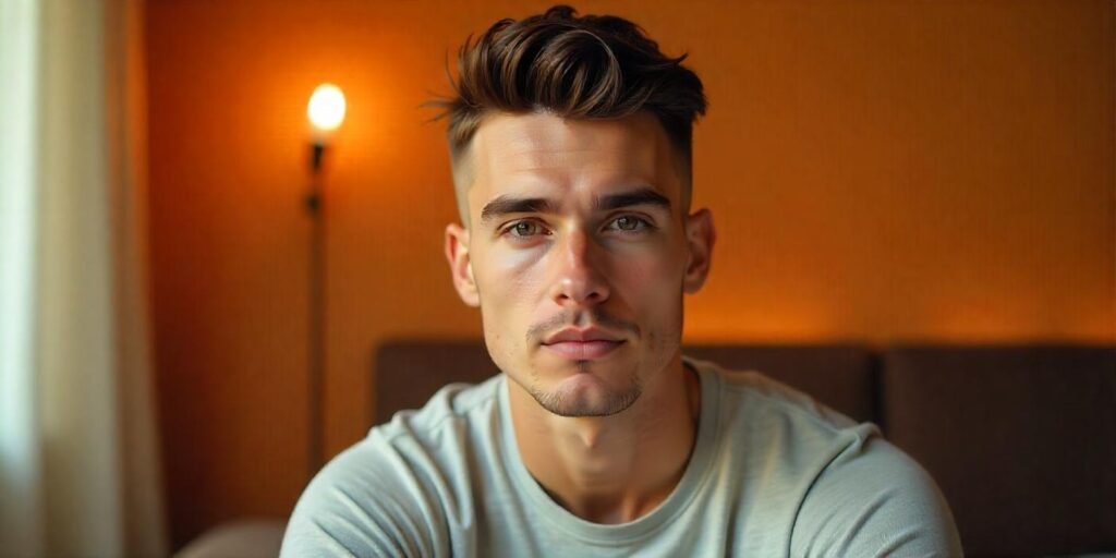 "Young man with a burst fade haircut, ultra-short sides, and longer top, styled for a structured look in a romantic setting."






