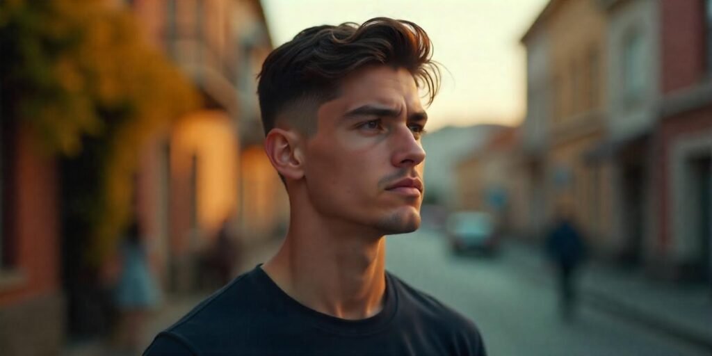 "Realistic photo of a man with a short tapered haircut, casual outfit, romantic background, and natural facial features."






