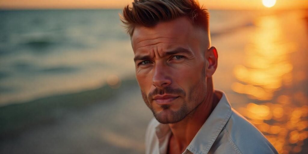 Man with short Caesar cut, styled forward, confident expression, casual shirt, romantic background.







