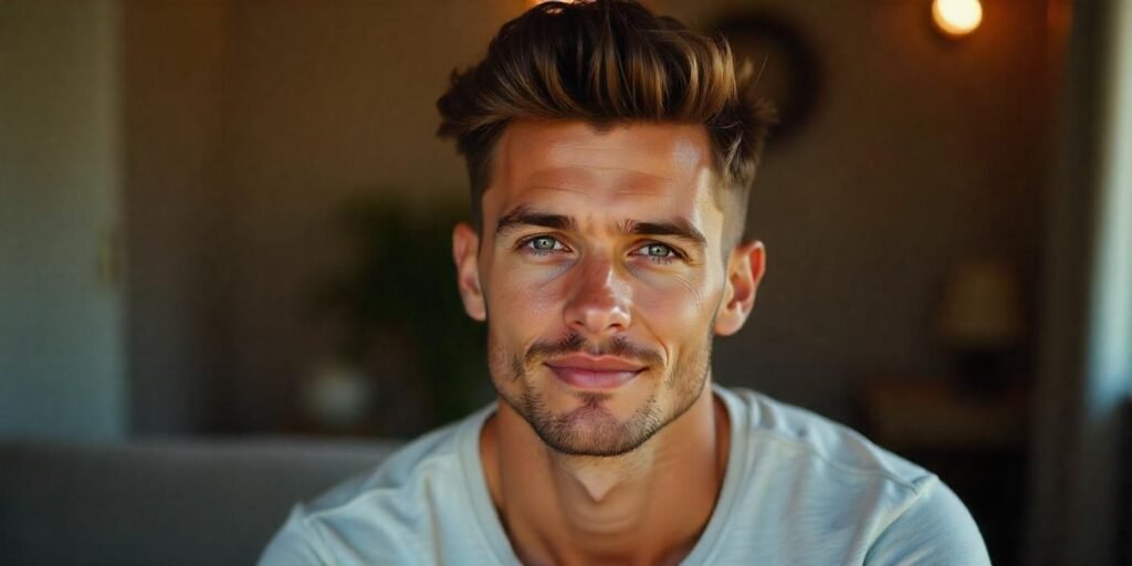 "Classic quiff hairstyle for thin hair styled with paste, tapered sides, and a textured, voluminous look."







