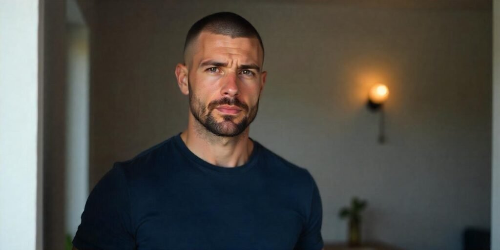 "Realistic image of a man with buzz cut and thin beard, dressed in a dark blue shirt, with a romantic background."







