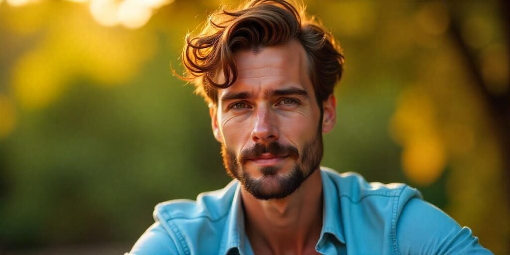 "Realistic photo of a man with thin hair styled in waves and a well-groomed beard, casual look, romantic background."

