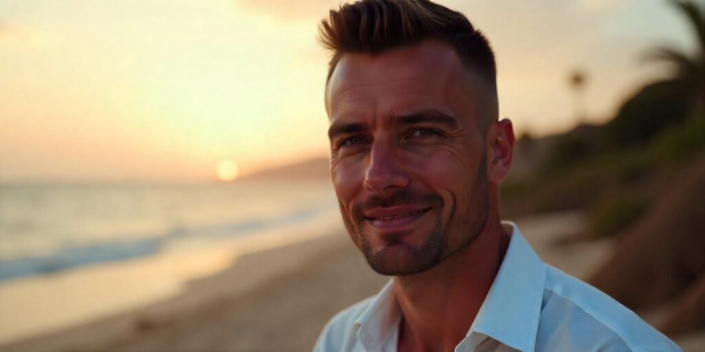 "Realistic photo of a man with a line up haircut and buzz cut style, wearing a white shirt with a romantic background."

