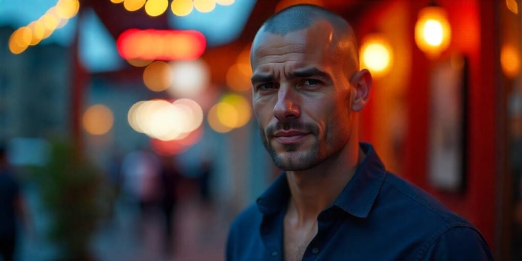 "Man with a shaved head in casual outfit, romantic background, realistic features."








