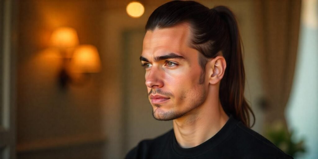 Realistic image of a young man with oval face and sleek high ponytail wearing black shirt in romantic background