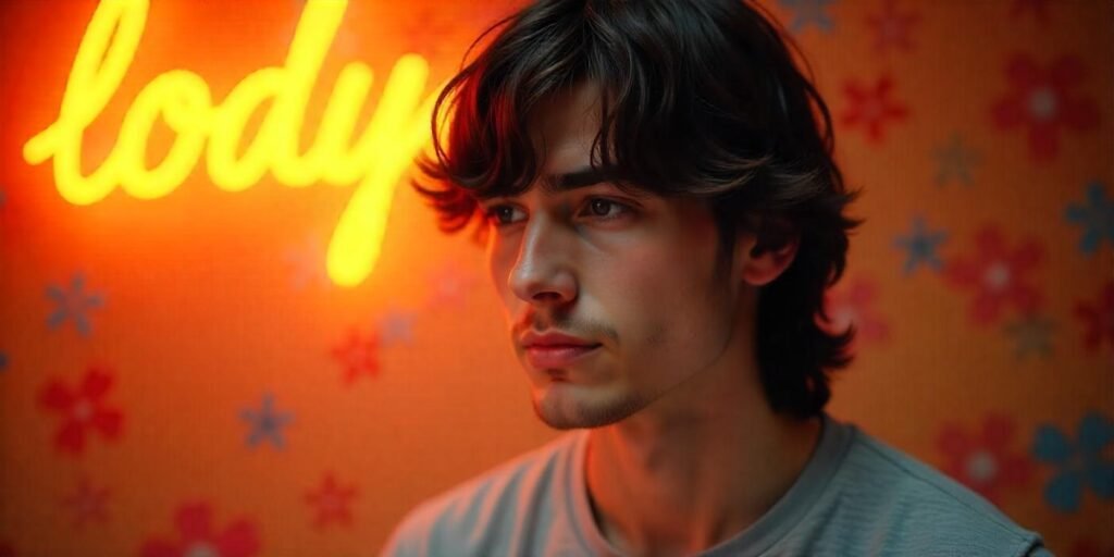 Realistic photo of a young man with a long shag haircut and side bangs, soft layers, and a romantic background