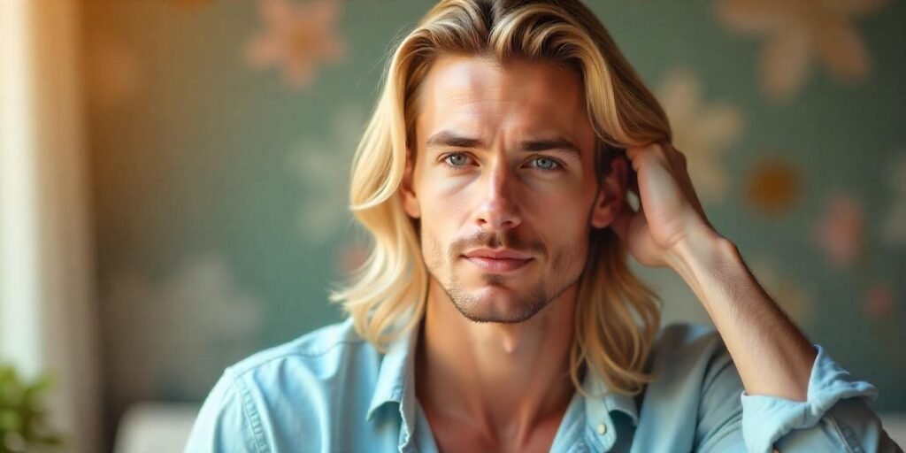 Young man with long blonde octopus cut hair and center part wearing pastel blue shirt in romantic setting