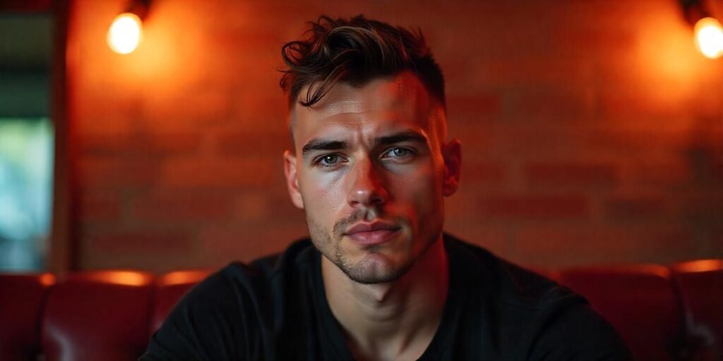 "Realistic short wolf cut with bangs and undercut for men in a romantic setting."

