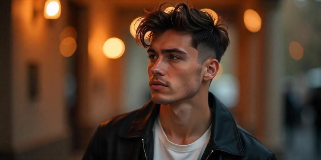 A young man with an E-Boy aesthetic wolf cut hairstyle, wearing a black leather jacket and a confident expression.







