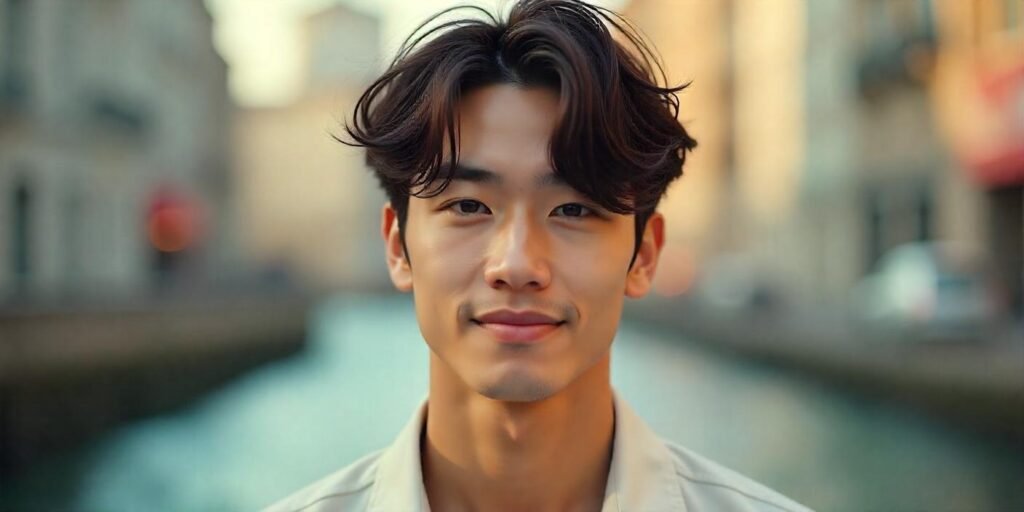 "Male model with bowl-shaped wolf cut hairstyle, relaxed expression, and stylish K-pop inspired look."







