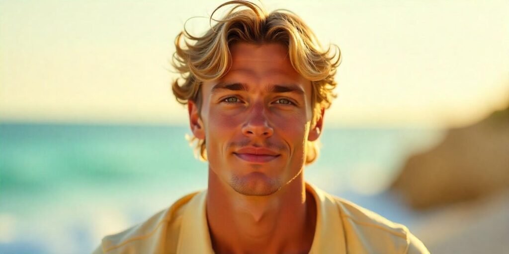 "Realistic image of a man with curly blonde wolf cut hairstyle in a romantic beach setting, smiling softly."

