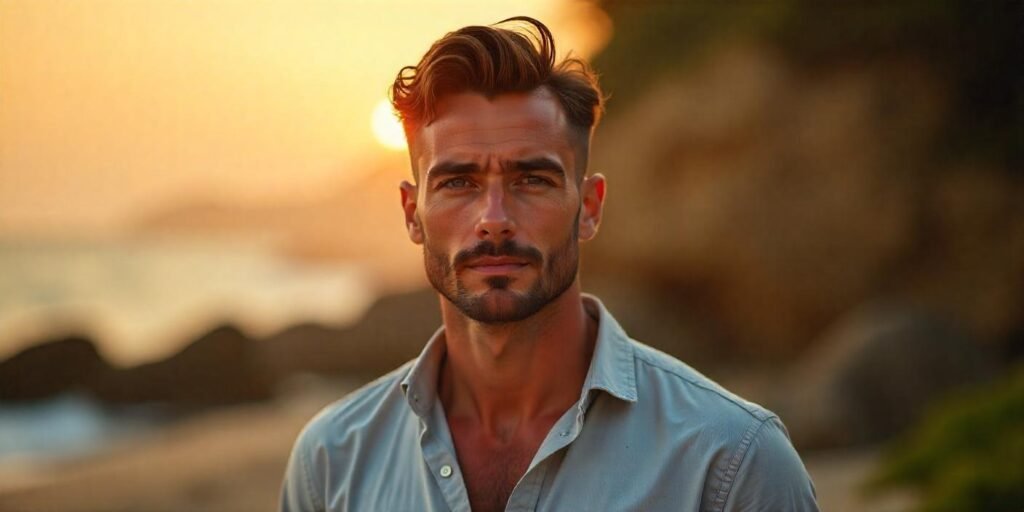"Man with a balanced out wolf cut hairstyle, styled up with short layers, relaxed expression, and soft romantic background."

