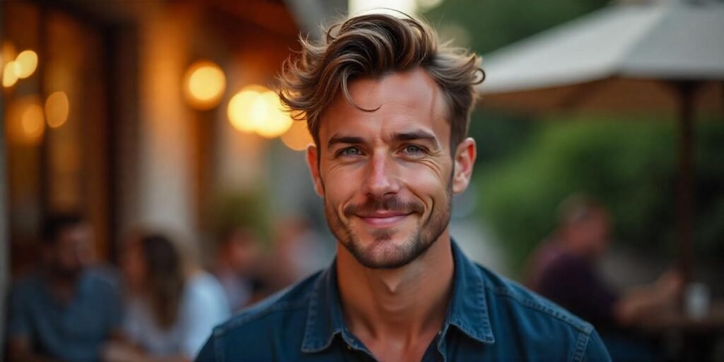 “Choppy wolf cut hairstyle with wispy layers for men, showcasing a modern, youthful vibe in a romantic outdoor setting.”







