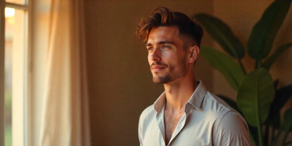 "Men’s wolf cut with thick hair styled naturally in a romantic atmosphere, casual shirt, realistic features."


