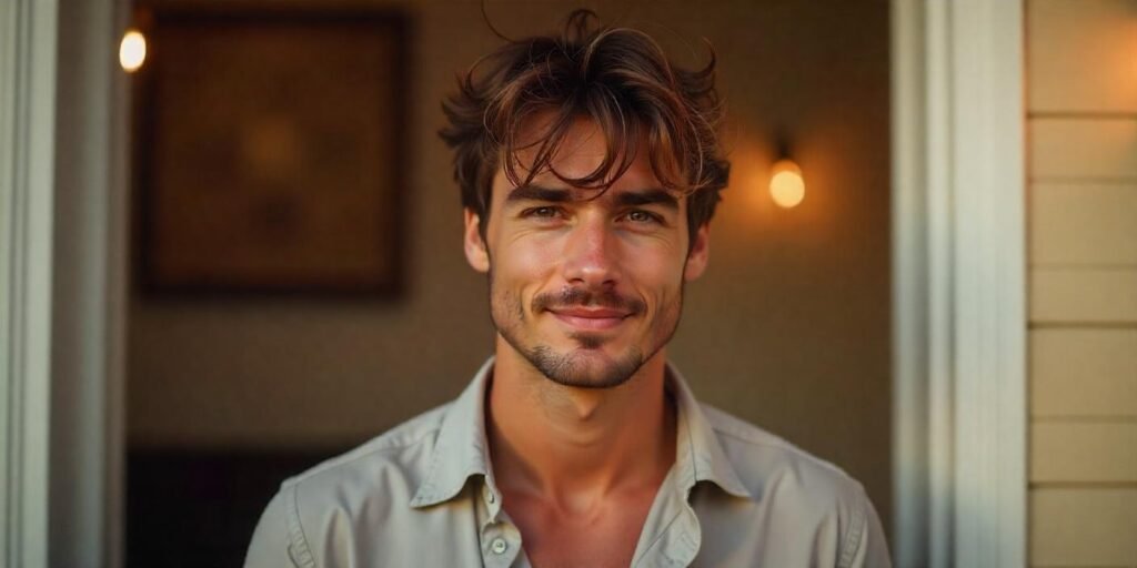 "Man with a natural dark brown shaggy wolf cut hairstyle, relaxed and confident expression, wearing a casual button-up shirt."







