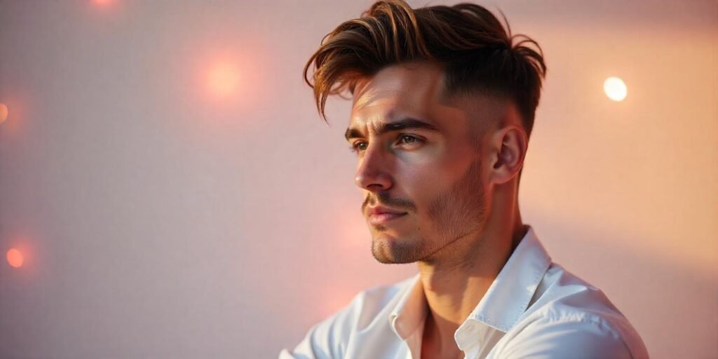 Short wolf cut for men with heavy layers, dark brown hair, confident look, romantic background.







