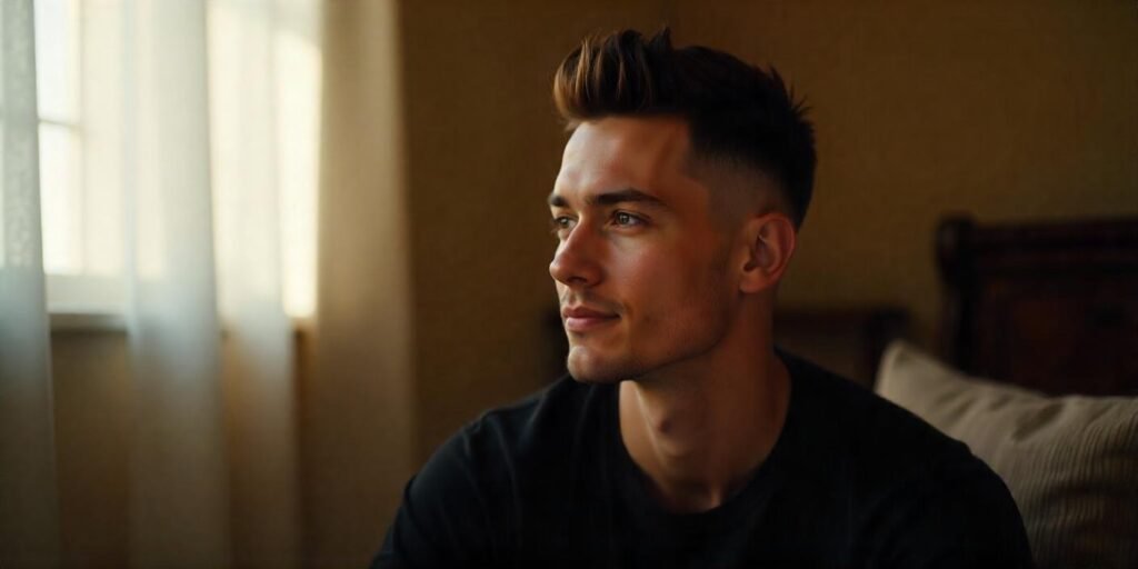 "Undercut wolf cut hairstyle for men with natural dark brown hair, styled in a relaxed, romantic setting."







