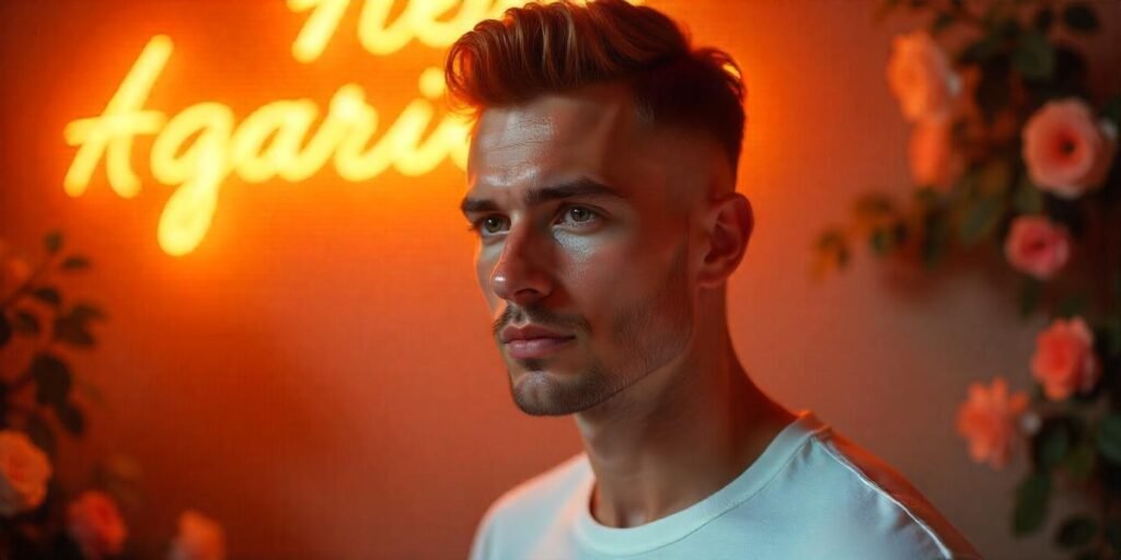 Young man with regular haircut and low drop fade, clean edges, calm expression, white t-shirt, romantic background