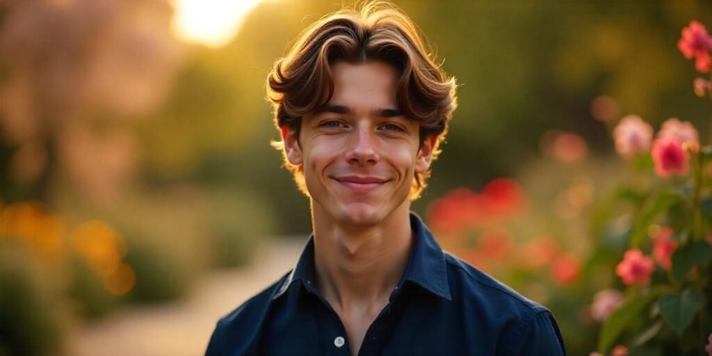 Young man with layered flow haircut showing waves and fringe in romantic garden, wearing navy blue shirt, casual confident expression.