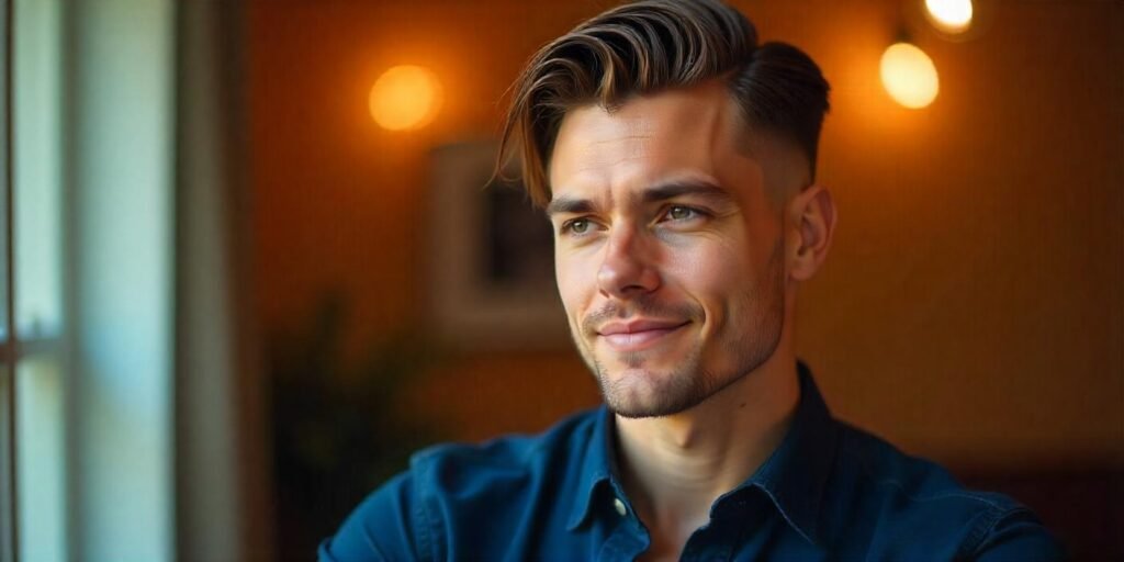 Young man with slick back fade hairstyle wearing navy blue shirt in romantic background with confident expression