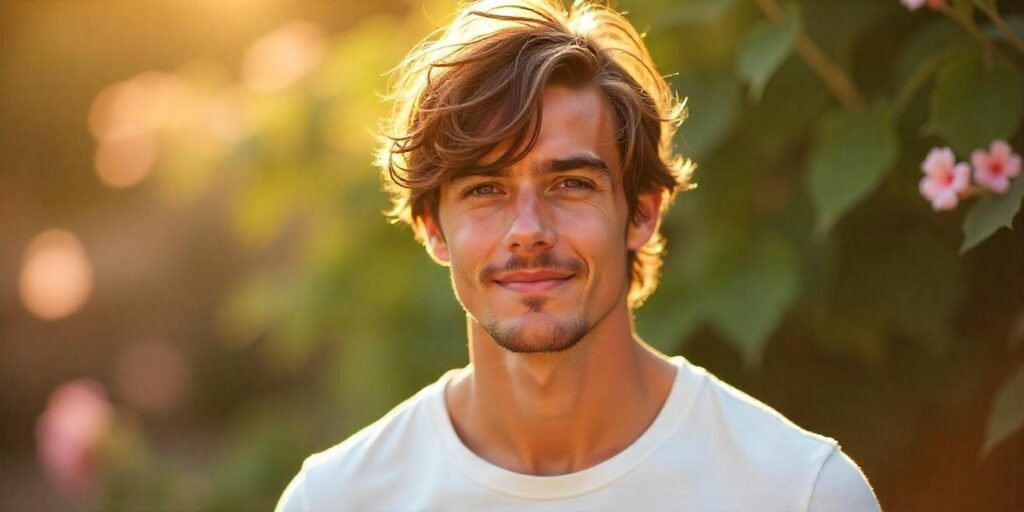 Realistic photo of a man with shaggy hair, messy wavy fringe, and scissored sides in a romantic background