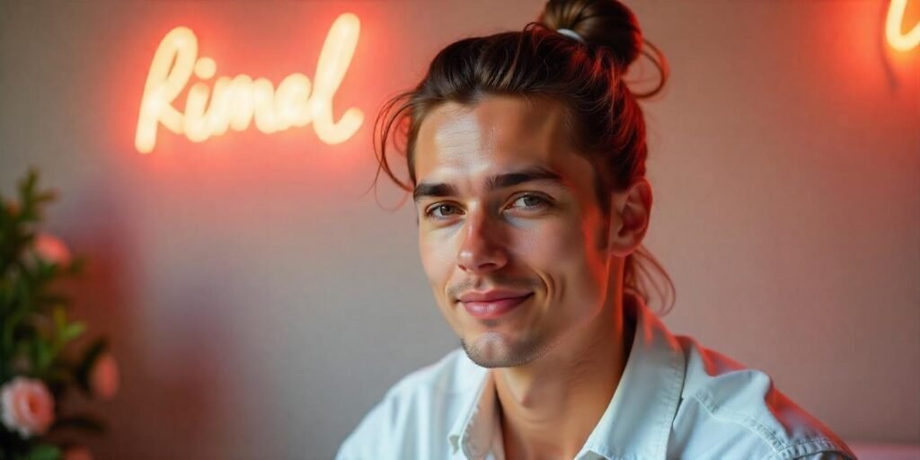 Realistic photo of a man with long hair styled in a loose man bun wearing a white shirt in a romantic background