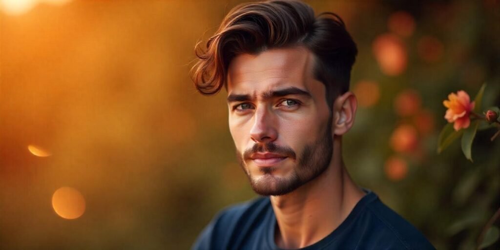 Young man with Short Mod Cut hairstyle and stubbly beard wearing navy shirt in romantic soft-focus background