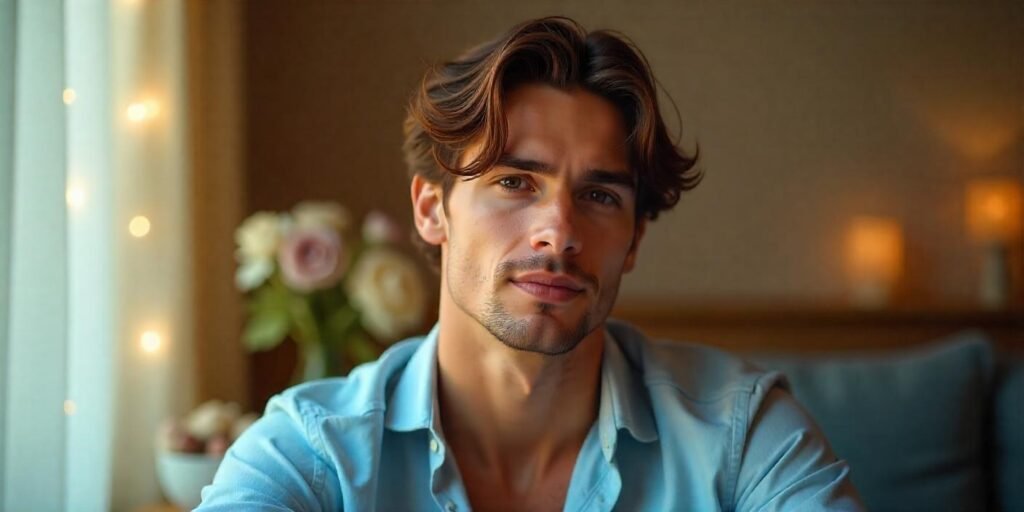 Realistic medium middle part hairstyle for men with waves and a fresh, effortless style in a romantic setting