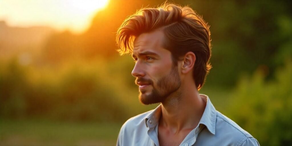 Young man with messy medium waves and full beard wearing gray shirt in romantic outdoor background
