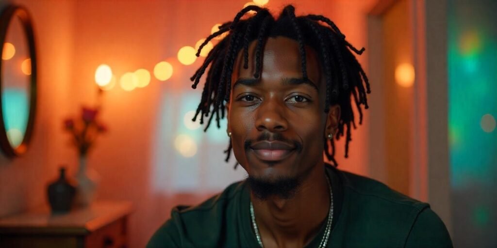 Realistic photo of boy with black dreadlocks wearing dark green shirt in romantic soft-lit background