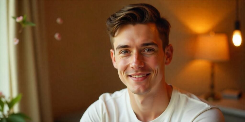 Realistic image of a young man with a crew cut hairstyle, short sides, and slightly longer hair styled forward in a romantic setting.
