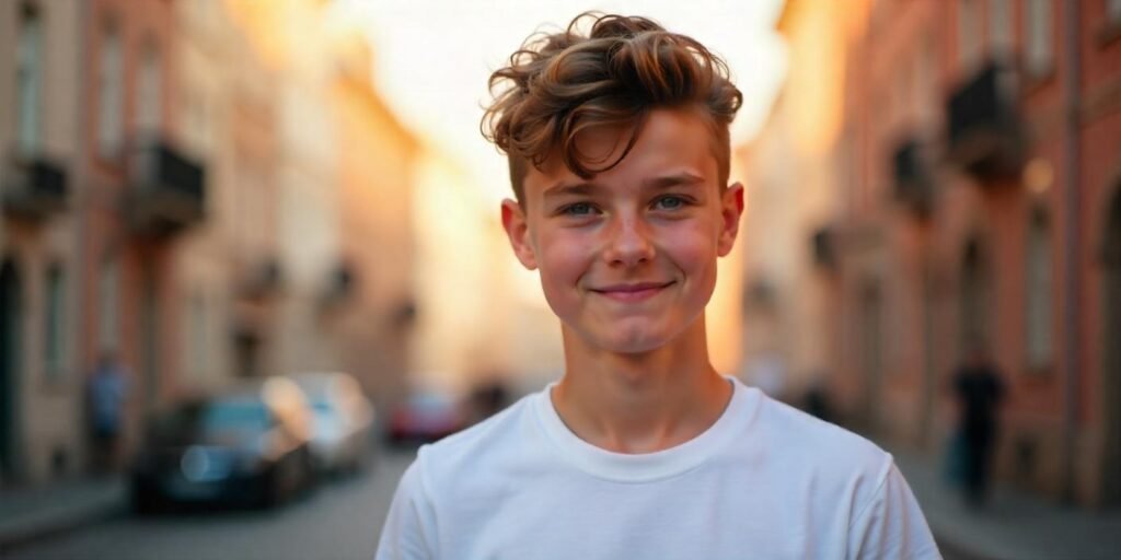 Realistic photo of a boy with brushed up messy top haircut and tapered sides styled in a textured, casual finish