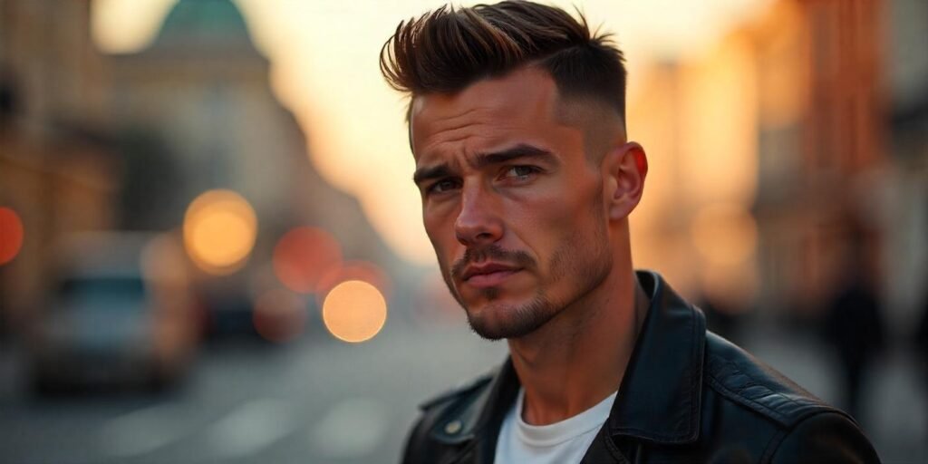 "Realistic image of a man with a modern undercut hairstyle, wearing a black leather jacket, exuding confidence."