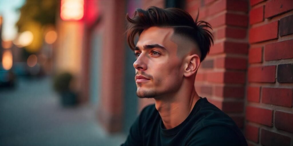 "Man with disconnected undercut hairstyle, casual black t-shirt, and relaxed expression in a romantic background"