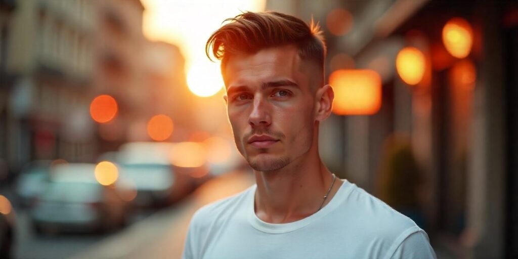 "Realistic photo of a man with a low fade haircut styled with volume and a confident look."