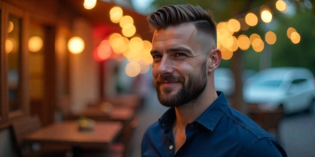 Man with undercut hairstyle and well-groomed beard in romantic setting, wearing navy blue shirt.