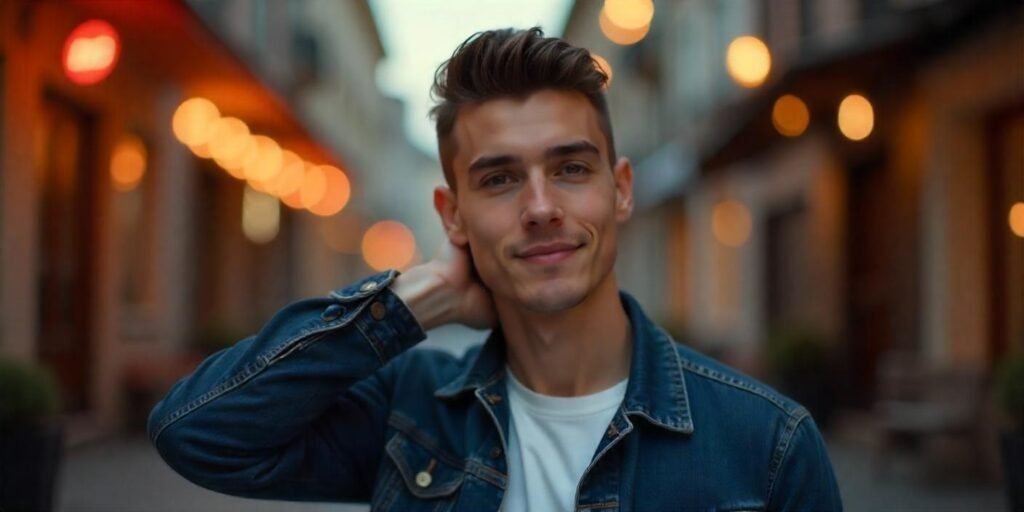 "Man with short undercut hairstyle in casual outfit, showcasing a bold yet functional look in a romantic setting"