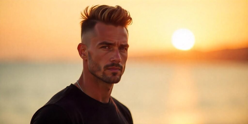 "Real-life image of a young man with medium undercut hairstyle, confident expression, and romantic background."