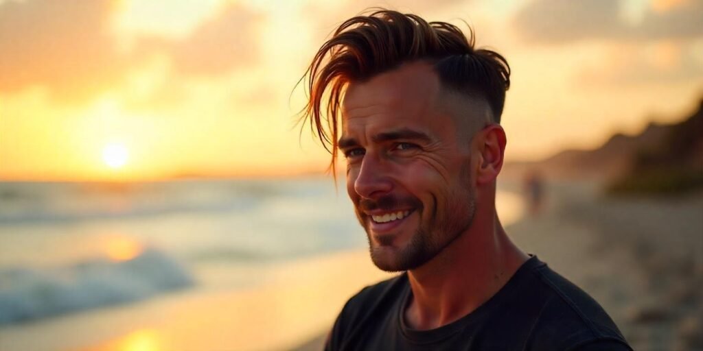 "Long undercut hairstyle for men with short sides, styled for a bold, individualistic look in a romantic sunset setting."