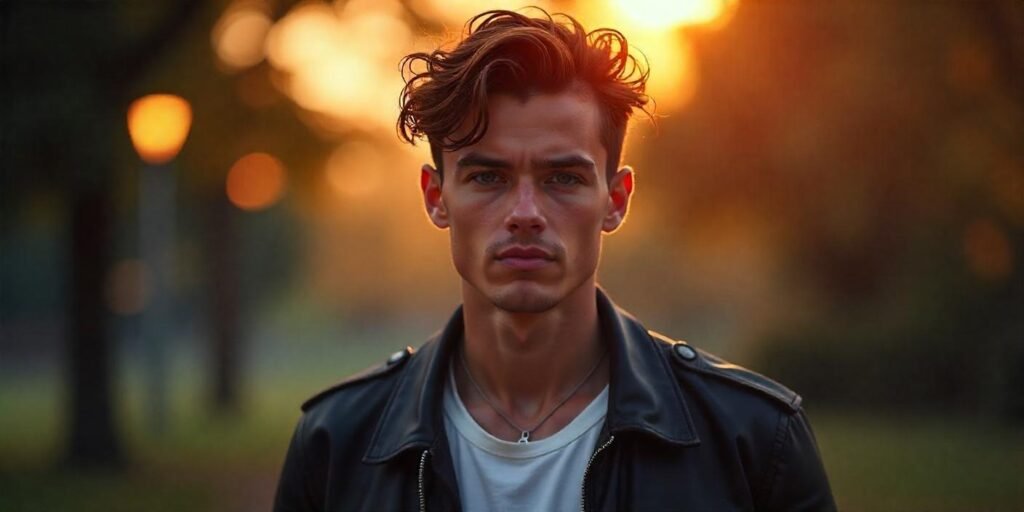"Young man with wavy undercut hairstyle in leather jacket, exuding confidence and style with a romantic background."