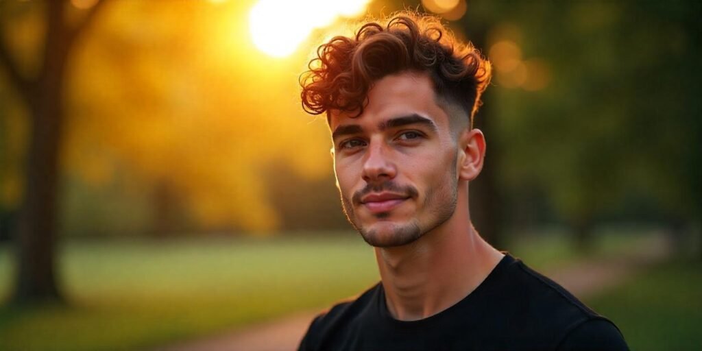 "Curly hair undercut for men with natural curls, casual outfit, and romantic background."