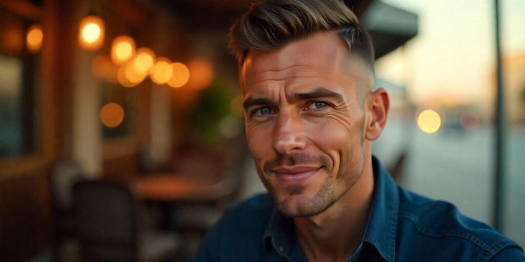 Realistic portrait of a man with a crew cut hairstyle, natural face expression, and romantic background.
